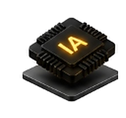 Processador 3D tecnológico com símbolo IA e circuito dourado