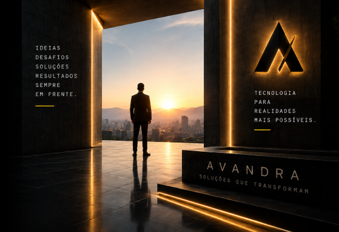 Arquitetura monumental Avandra com portal aberto ao horizonte, nascer do sol e símbolo luminoso