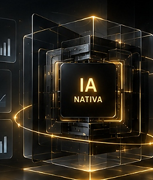 Núcleo tecnológico tridimensional da IA Nativa com cubos de vidro e anel orbital dourado