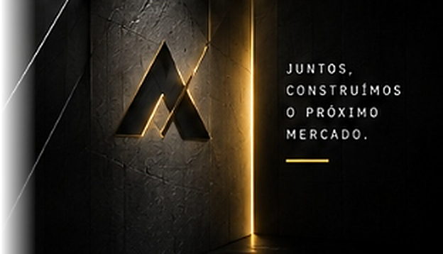 Monólito arquitetônico Avandra com símbolo dourado em 3D e manifesto Juntos construímos o próximo mercado